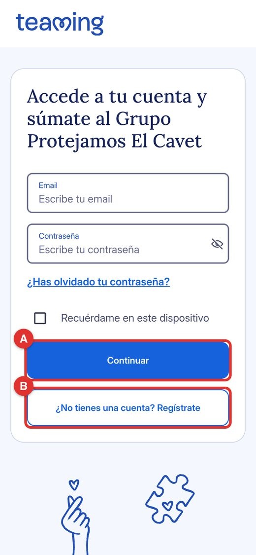 Al mòbil. Esquerra: fitxa del grup, botó ①. Dreta: pantalla d'accés, Ⓐ amb compte o Ⓑ per registrar-te.