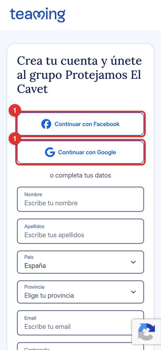 Registre al mòbil. Esquerra: ① via ràpida amb Facebook o Google. Dreta (lliscant cap avall): ② casella de condicions i ③ «Crear mi cuenta».
