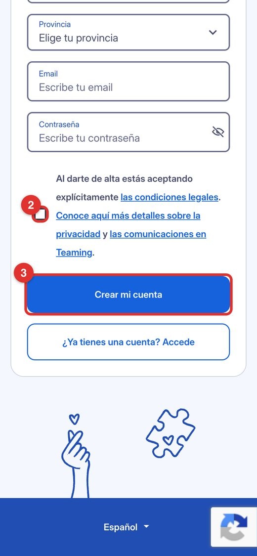 Registre al mòbil. Esquerra: ① via ràpida amb Facebook o Google. Dreta (lliscant cap avall): ② casella de condicions i ③ «Crear mi cuenta».