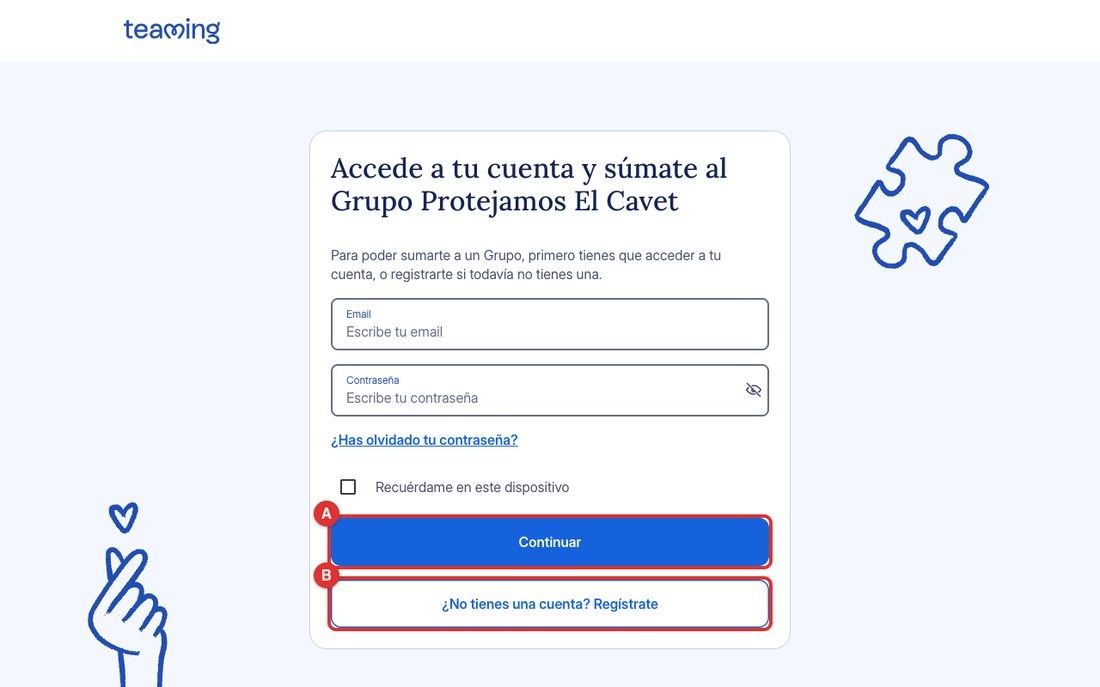 Pantalla d'accés: Ⓐ si ja tens compte a Teaming; Ⓑ si encara no en tens.