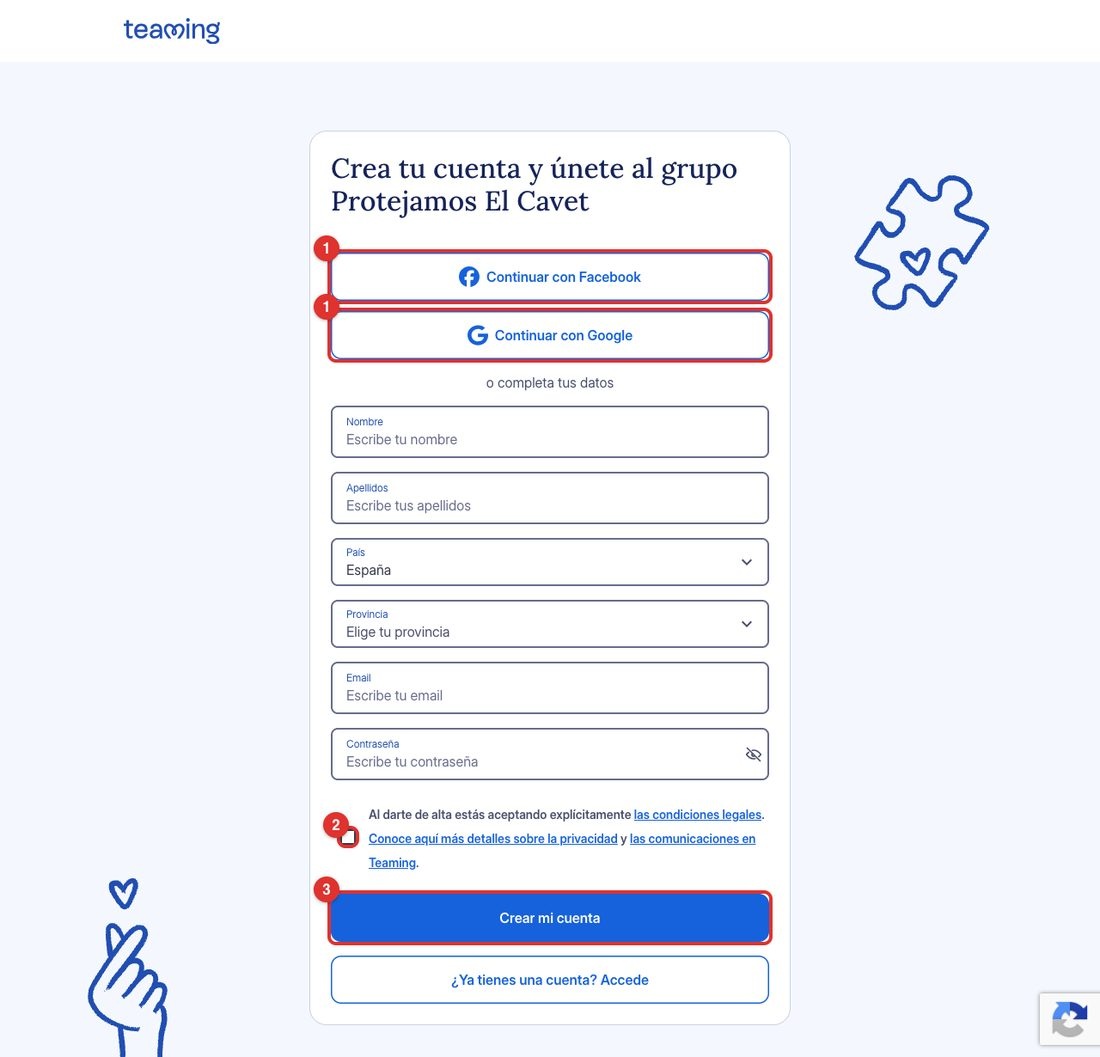 Registre: ① via ràpida amb Facebook o Google; o bé omple les dades, marca ② la casella de condicions i prem ③ «Crear mi cuenta».